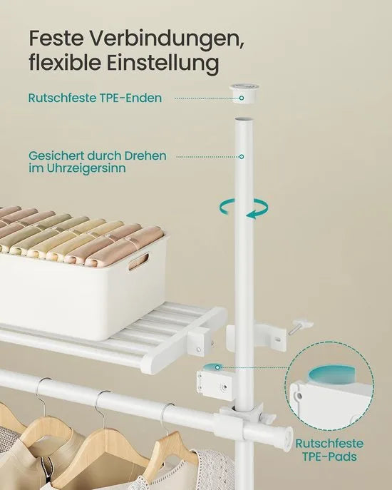 FurnStar - Telescopische kledingstandaard - 3-Traps garderobe - In hoogte en breedte verstelbaar - Open kledingkast met 6 kledingstangen en 3 afneembare planken - Grijparm - 34 x 353 x 310 cm - Mat wit