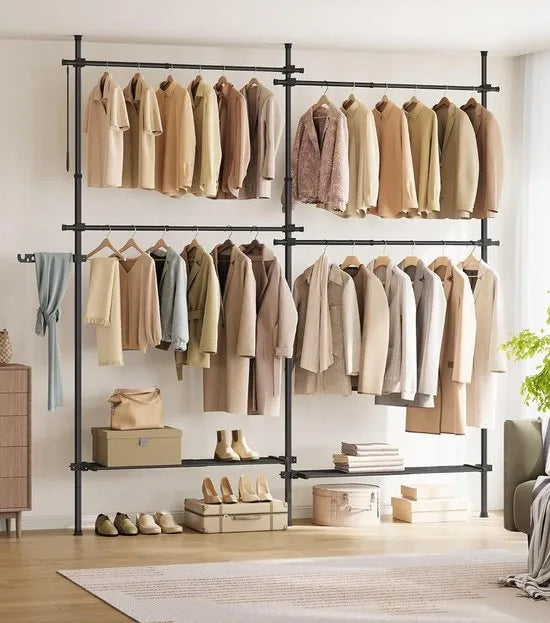 FurnStar Telescopische Kledingstandaard – 3-Traps Garderobe – In Hoogte en Breedte Verstelbaar – Open Kledingkast met 4 Kledingstangen en 2 Afneembare Planken – Grijparm – 33,5 x (162-238) x (208-310) cm – Matzwart