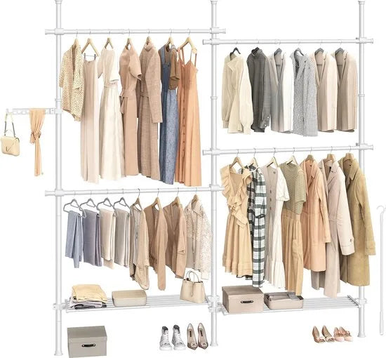 FurnStar Telescopische Kledingstandaard – 3-Traps Garderobe – Verstelbaar in Hoogte en Breedte – Open Kledingkast met 4 Stangen & 2 Planken – Grijparm – Mat Wit