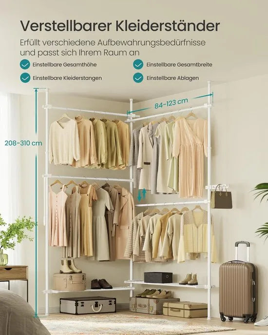 FurnStar Telescopische Kledingstandaard – 3-Traps Garderobe – Verstelbaar in Hoogte en Breedte – Open Kledingkast met 4 Stangen & 2 Planken – Grijparm – Mat Wit