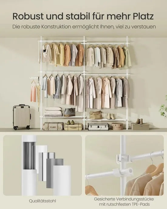 FurnStar Telescopische Kledingstandaard – 3-Traps Garderobe – Verstelbaar in Hoogte en Breedte – Open Kledingkast met 4 Stangen & 2 Planken – Grijparm – Mat Wit