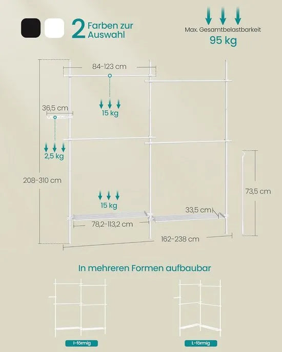 FurnStar Telescopische Kledingstandaard – 3-Traps Garderobe – Verstelbaar in Hoogte en Breedte – Open Kledingkast met 4 Stangen & 2 Planken – Grijparm – Mat Wit