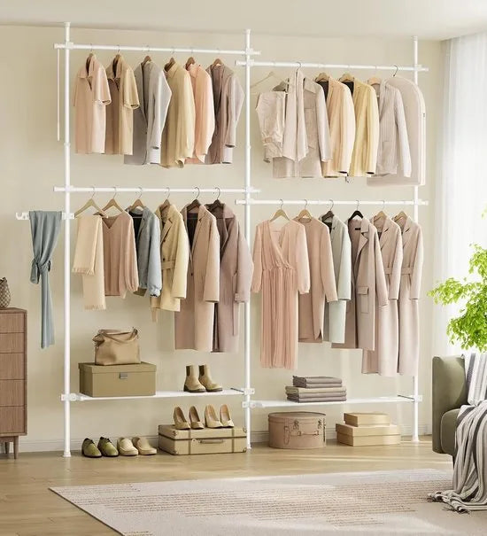 FurnStar Telescopische Kledingstandaard – 3-Traps Garderobe – Verstelbaar in Hoogte en Breedte – Open Kledingkast met 4 Stangen & 2 Planken – Grijparm – Mat Wit