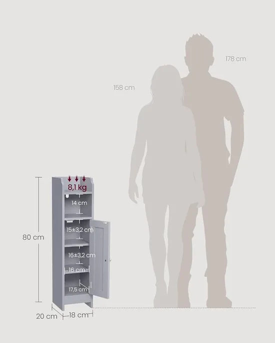 FurnStar – Toiletkast – Smalle badkamerkast met verstelbare planken – Ruimtebesparend badkamerrek – Eenvoudige montage – 20 x 18 x 80 cm – Grijs –