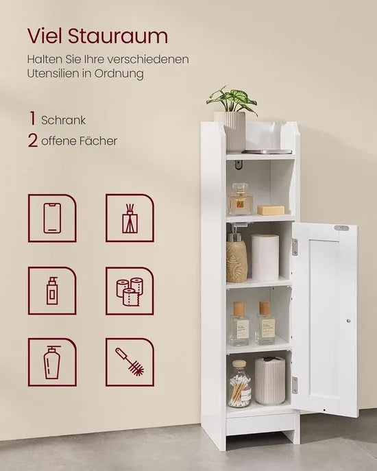 FurnStar – Toiletkast – Smalle badkamerkast met verstelbare planken – Ruimtebesparend badkamerrek – Eenvoudige montage - Met Deur en Verstelbare Planken – MDF – 18 x 20 x 80 cm -Wit