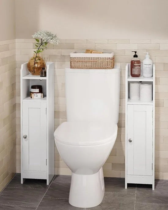 FurnStar – Toiletkast – Smalle badkamerkast met verstelbare planken – Ruimtebesparend badkamerrek – Eenvoudige montage - Met Deur en Verstelbare Planken – MDF – 18 x 20 x 80 cm -Wit