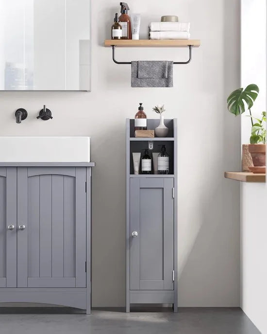 FurnStar – Toiletkast – Smalle badkamerkast met verstelbare planken – Ruimtebesparend badkamerrek – Eenvoudige montage – 20 x 18 x 80 cm – Grijs –