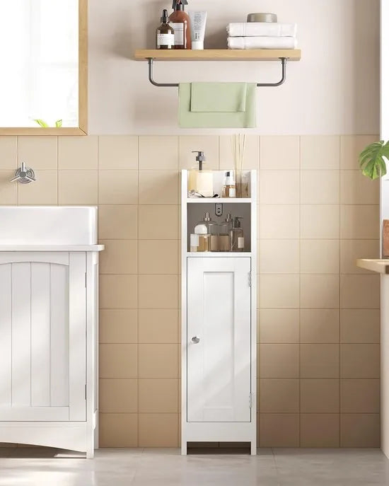 FurnStar – Toiletkast – Smalle badkamerkast met verstelbare planken – Ruimtebesparend badkamerrek – Eenvoudige montage - Met Deur en Verstelbare Planken – MDF – 18 x 20 x 80 cm -Wit