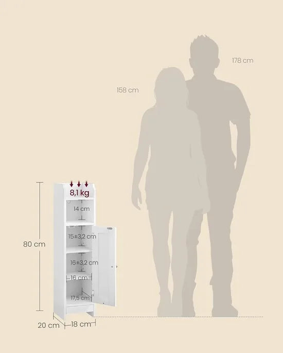 FurnStar – Toiletkast – Smalle badkamerkast met verstelbare planken – Ruimtebesparend badkamerrek – Eenvoudige montage - Met Deur en Verstelbare Planken – MDF – 18 x 20 x 80 cm -Wit