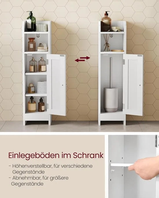 FurnStar – Toiletkast – Smalle badkamerkast met verstelbare planken – Ruimtebesparend badkamerrek – Eenvoudige montage - Met Deur en Verstelbare Planken – MDF – 18 x 20 x 80 cm -Wit