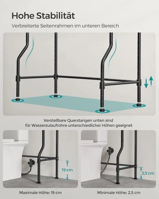 FurnStar – Toiletrek – Badkamerrek met 4 verdiepingen – Wasmachinerek – Verstelbare planken – Met haken en toiletpapierhouder – Ruimtebesparend – 30 x 63 x 176 cm – Zwart –