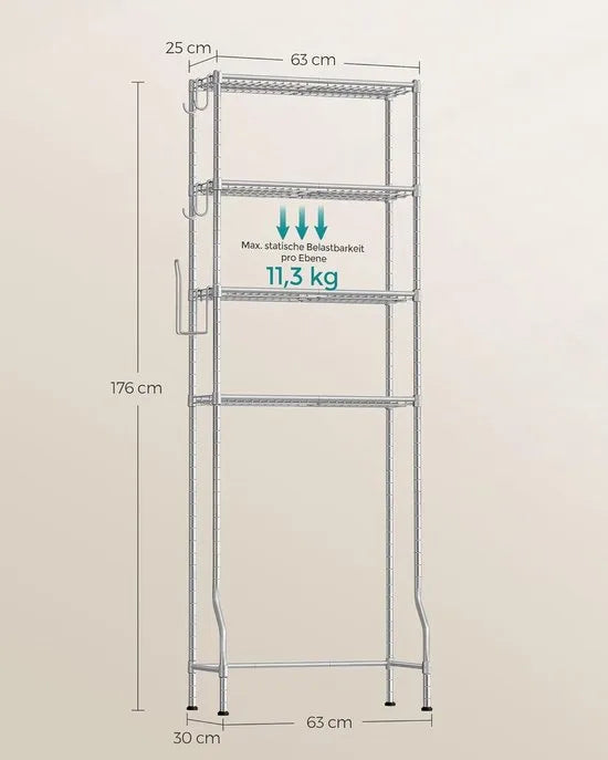 FurnStar – Toiletrek – Badkamerrek met 4 verdiepingen – Wasmachinerek – Verstelbare planken – Met haken en toiletpapierhouder – Ruimtebesparend – 30 x 63 x 176 cm – Zwart – – Duifgrijs