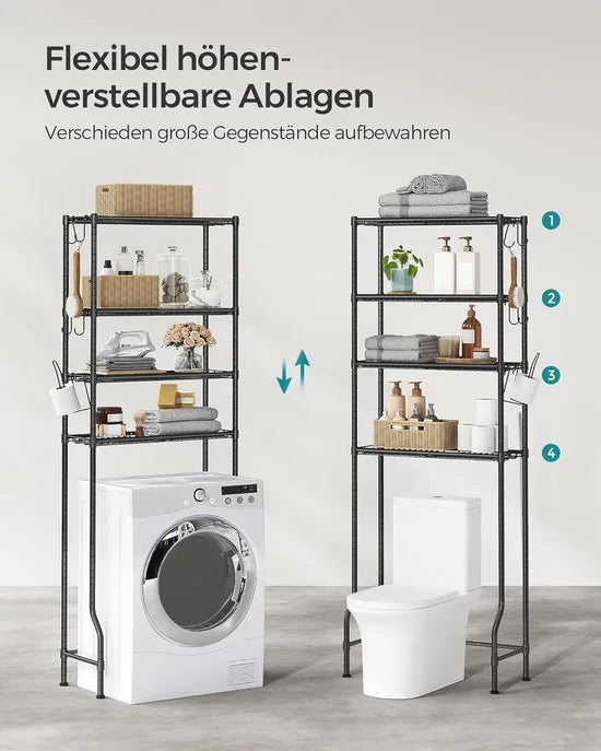 FurnStar – Toiletrek – Badkamerrek met 4 verdiepingen – Wasmachinerek – Verstelbare planken – Met haken en toiletpapierhouder – Ruimtebesparend – 30 x 63 x 176 cm – Zwart –
