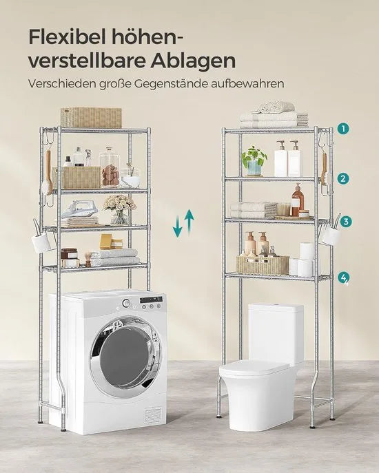 FurnStar – Toiletrek – Badkamerrek met 4 verdiepingen – Wasmachinerek – Verstelbare planken – Met haken en toiletpapierhouder – Ruimtebesparend – 30 x 63 x 176 cm – Duifgrijs