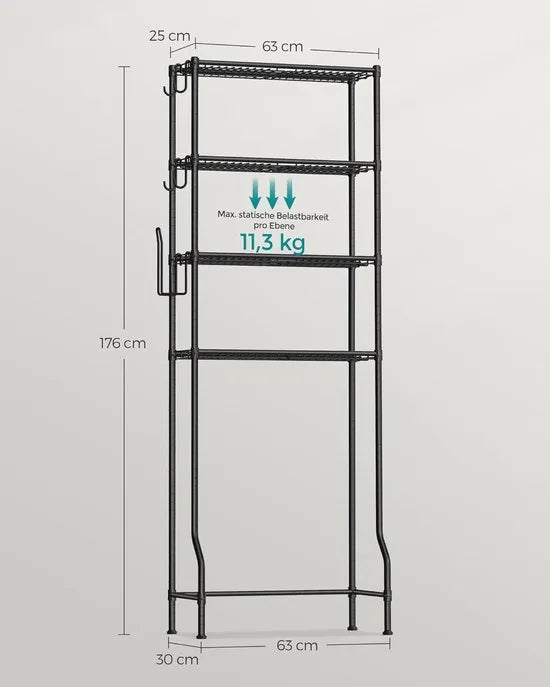 FurnStar – Toiletrek – Badkamerrek met 4 verdiepingen – Wasmachinerek – Verstelbare planken – Met haken en toiletpapierhouder – Ruimtebesparend – 30 x 63 x 176 cm – Zwart –