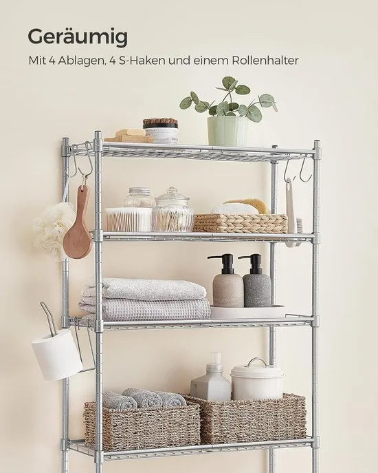 FurnStar – Toiletrek – Badkamerrek met 4 verdiepingen – Wasmachinerek – Verstelbare planken – Met haken en toiletpapierhouder – Ruimtebesparend – 30 x 63 x 176 cm – Duifgrijs