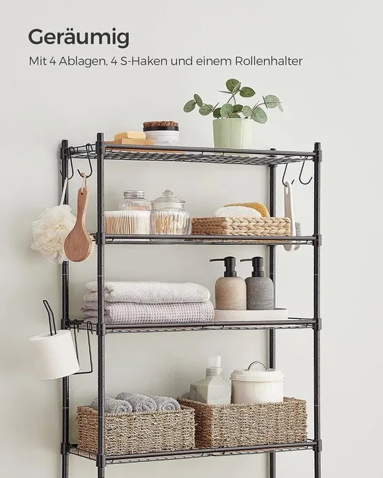 FurnStar – Toiletrek – Badkamerrek met 4 verdiepingen – Wasmachinerek – Verstelbare planken – Met haken en toiletpapierhouder – Ruimtebesparend – 30 x 63 x 176 cm – Zwart –