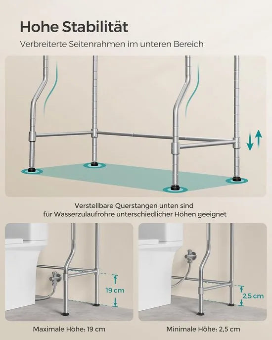 FurnStar – Toiletrek – Badkamerrek met 4 verdiepingen – Wasmachinerek – Verstelbare planken – Met haken en toiletpapierhouder – Ruimtebesparend – 30 x 63 x 176 cm – Duifgrijs