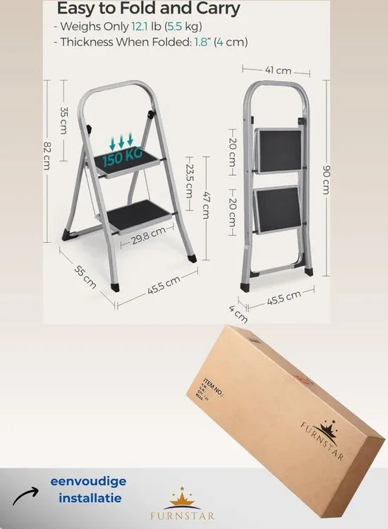 FurnStar - Trapladder - 2-Stapsladder - Vouwladder - Veiligheidsslot - Ruimtebesparende Opslag - Draagvermogen tot 150 kg - Duifgrijs