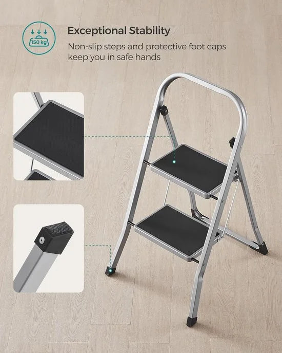FurnStar - Trapladder - 2-Stapsladder - Vouwladder - Veiligheidsslot - Ruimtebesparende Opslag - Draagvermogen tot 150 kg - Duifgrijs