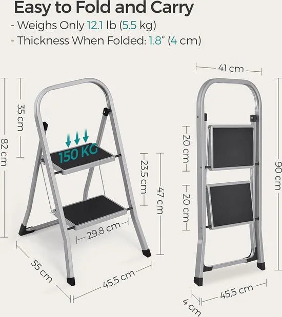 FurnStar - Trapladder - 2-Stapsladder - Vouwladder - Veiligheidsslot - Ruimtebesparende Opslag - Draagvermogen tot 150 kg - Duifgrijs