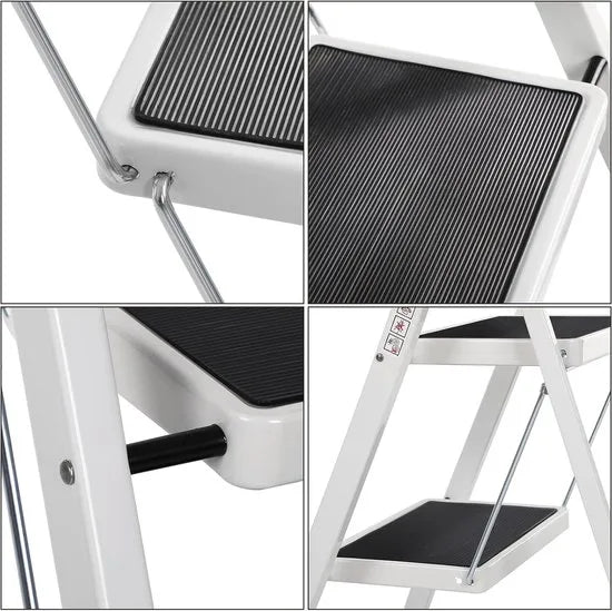 FurnStar - Trapladder - 2-Stapsladder - Vouwladder - Veiligheidsslot - Ruimtebesparende Opslag - Draagvermogen tot 150 kg - Duifgrijs – Wit