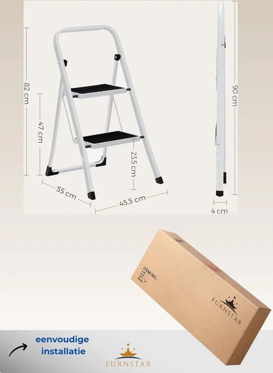 FurnStar - Trapladder - 2-Stapsladder - Vouwladder - Veiligheidsslot - Ruimtebesparende Opslag - Draagvermogen tot 150 kg - Wit