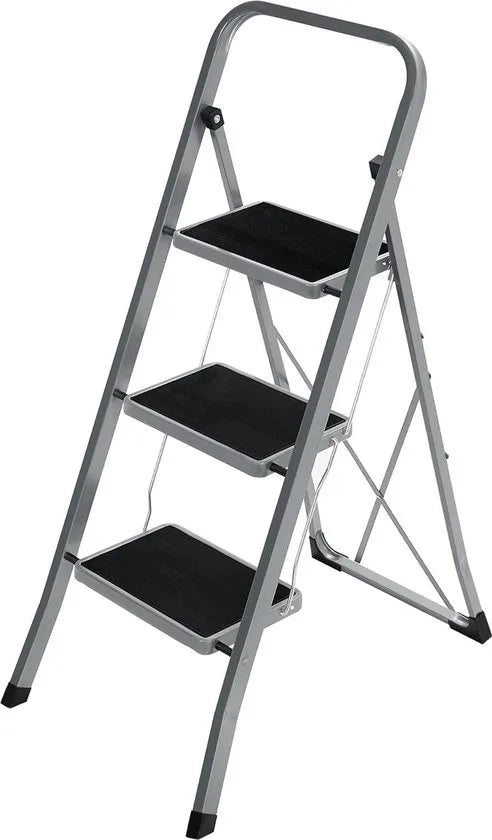 FurnStar - Trapladder - 3-Stapsladder - Vouwladder - Veiligheidsslot - Ruimtebesparende Opslag - Draagvermogen tot 150 kg - Duifgrijs