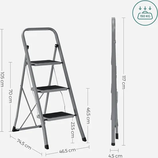 FurnStar - Trapladder - 3-Stapsladder - Vouwladder - Veiligheidsslot - Ruimtebesparende Opslag - Draagvermogen tot 150 kg - Duifgrijs