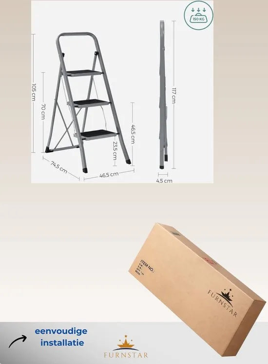 FurnStar - Trapladder - 3-Stapsladder - Vouwladder - Veiligheidsslot - Ruimtebesparende Opslag - Draagvermogen tot 150 kg - Duifgrijs