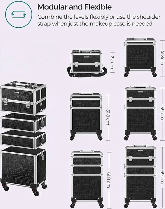 FurnStar Trolley Cosmetische Koffer - Aluminium Make-up Koffer - Beauty Case - Zwart