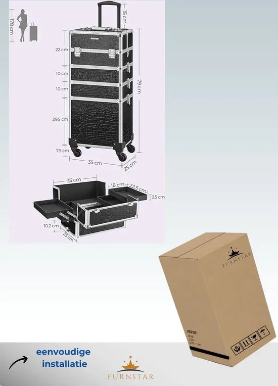 FurnStar Trolley Cosmetische Koffer - Aluminium Make-up Koffer - Beauty Case - Zwart