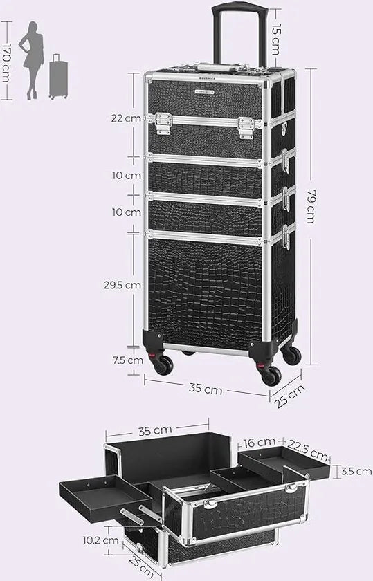 FurnStar Trolley Cosmetische Koffer - Aluminium Make-up Koffer - Beauty Case - Zwart