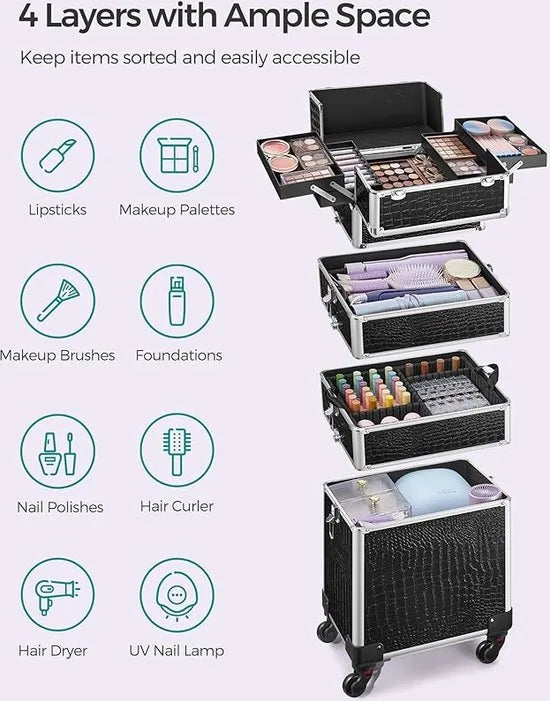 FurnStar Trolley Cosmetische Koffer - Aluminium Make-up Koffer - Beauty Case - Zwart