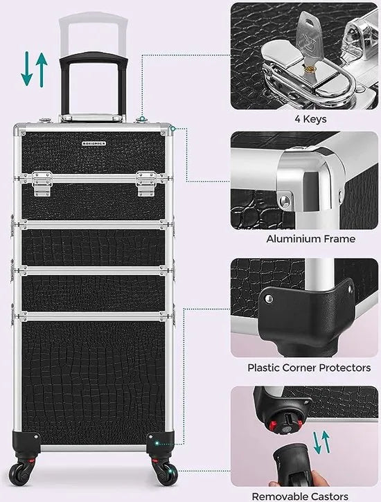 FurnStar Trolley Cosmetische Koffer - Aluminium Make-up Koffer - Beauty Case - Zwart