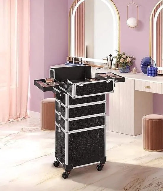 FurnStar Trolley Cosmetische Koffer - Aluminium Make-up Koffer - Beauty Case - Zwart