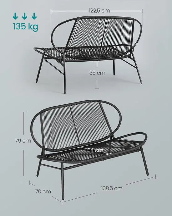 Furnstar - Tuinbank 2-zits balkonbank tuinmeubelen van PE-rotan tuinstoel met rugleuning 70 x 138.5 x 79 cm voor terras tuin balkon outdoor inktzwart GGF0026B01