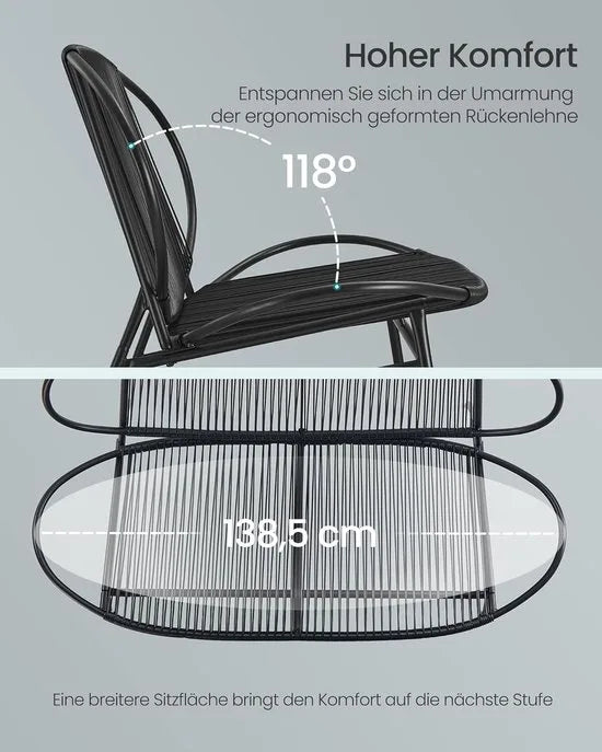 Furnstar - Tuinbank 2-zits balkonbank tuinmeubelen van PE-rotan tuinstoel met rugleuning 70 x 138.5 x 79 cm voor terras tuin balkon outdoor inktzwart GGF0026B01