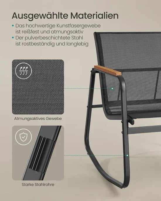 FurnStar – Tuinmeubelset – 2 Schommelstoelen met Tafel – Balkonset – Ademende Stoelen met Armleuningen – Stalen Frame – Inktzwart – Voor Tuin, Terras, Balkon
