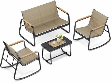 Furnstar Tuinmeubelset – 4-delig – 2 Schommelstoelen + Tuinbank + Tafel – Weerbestendig – Geelbruin