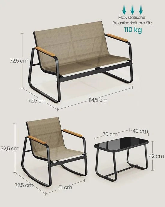 Furnstar Tuinmeubelset – 4-delig – 2 Schommelstoelen + Tuinbank + Tafel – Weerbestendig – Geelbruin
