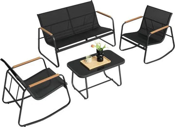 FurnStar - Tuinmeubelset - Balkonmeubels - 2 Schommelstoelen met Tafel - Tuinbank - Staal - Terrasmeubels - Met Armleuningen - Ademend Kunstvezelweefsel - Inktzwart