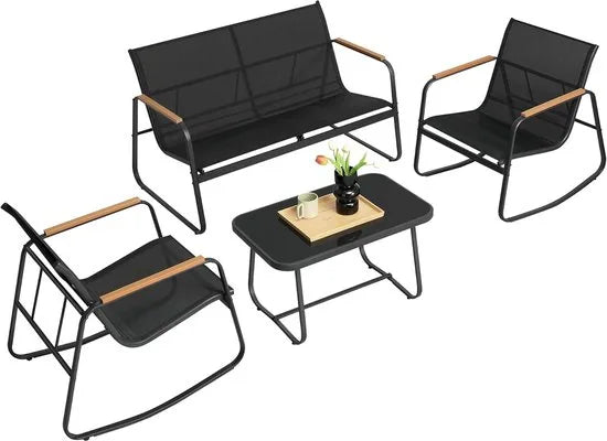 FurnStar - Tuinmeubelset - Balkonmeubels - 2 Schommelstoelen met Tafel - Tuinbank - Staal - Terrasmeubels - Met Armleuningen - Ademend Kunstvezelweefsel - Inktzwart