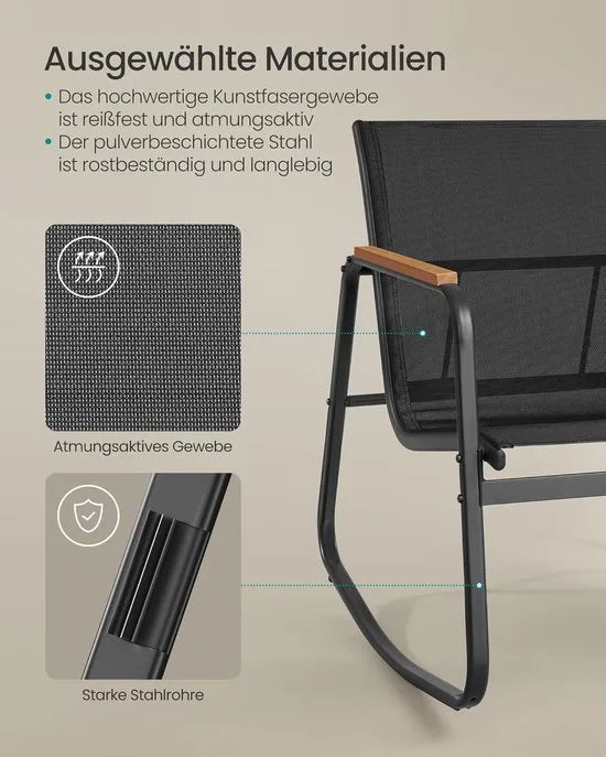 FurnStar - Tuinmeubelset - Balkonmeubels - 2 Schommelstoelen met Tafel - Tuinbank - Staal - Terrasmeubels - Met Armleuningen - Ademend Kunstvezelweefsel - Inktzwart