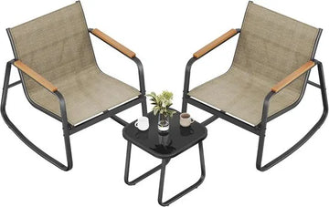 Furnstar Tuinmeubelset – Balkonset- Terras meubel - Kunstvezelweefsel -3-delig – 2 Schommelstoelen + Tafel – Weerbestendig – Geelbruin