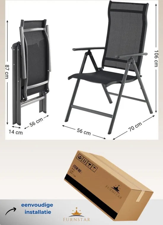 Furnstar - Tuinstoelen - 2 Stuks - 8 Verstelbare Standen - Inklapbaar - Tuin of Balkon - klapstoelen - belastbaar tot 120 kg - Zwart