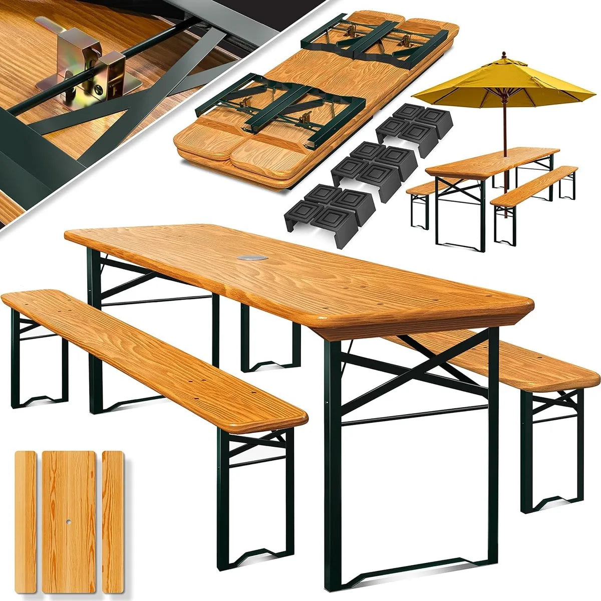 FurnStar - Tuintafel met banken opklapbare tafelset - 170 x 46 x 75 cm - 2 x borrelbanken 1 x tafel - tafelstoelenset hout - 12-delige vloerbeschermer - set 3-delige drink