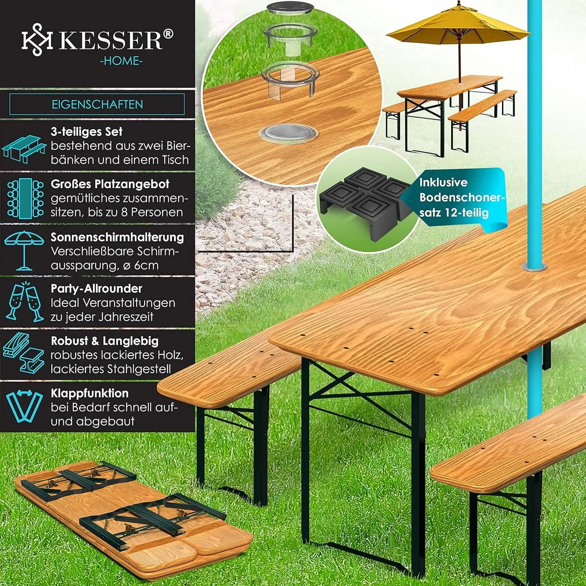 FurnStar - Tuintafel met banken opklapbare tafelset - 170 x 46 x 75 cm - 2 x borrelbanken 1 x tafel - tafelstoelenset hout - 12-delige vloerbeschermer - set 3-delige drink