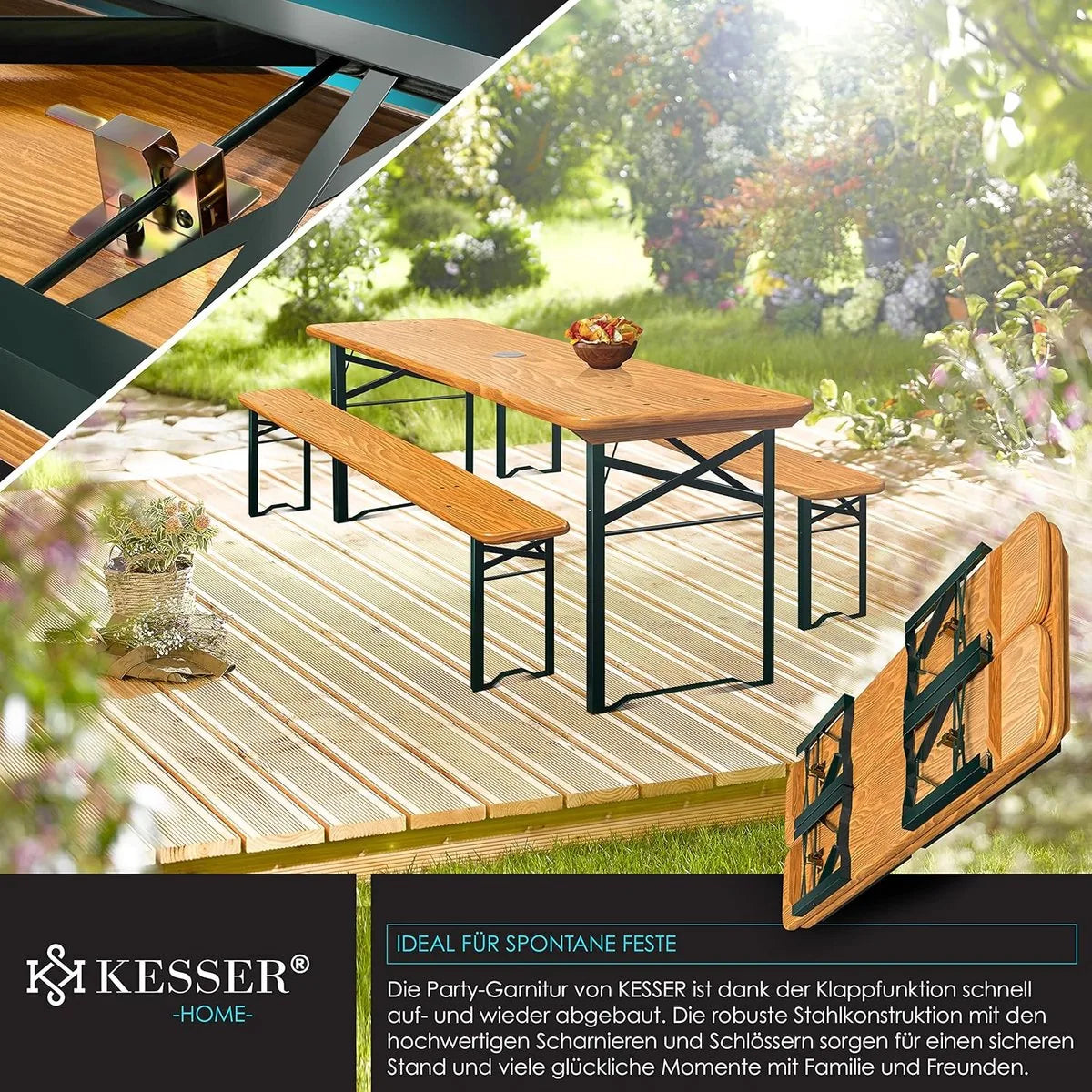 FurnStar - Tuintafel met banken opklapbare tafelset - 170 x 46 x 75 cm - 2 x borrelbanken 1 x tafel - tafelstoelenset hout - 12-delige vloerbeschermer - set 3-delige drink