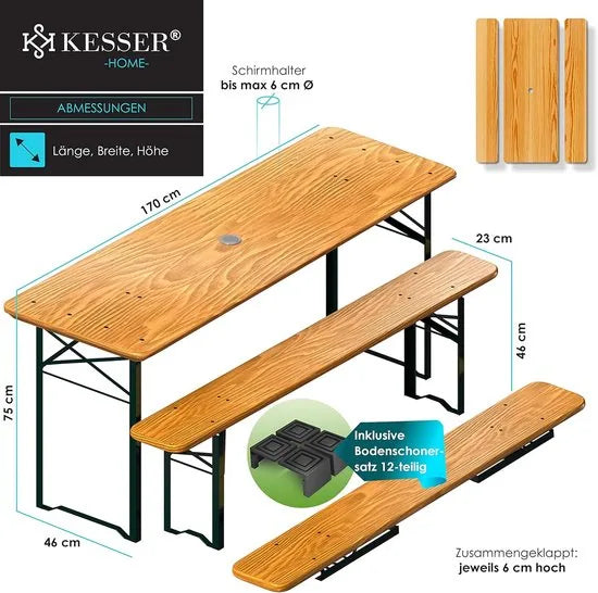 FurnStar - Tuintafel met banken opklapbare tafelset - 170 x 46 x 75 cm - 2 x borrelbanken 1 x tafel - tafelstoelenset hout - 12-delige vloerbeschermer - set 3-delige drink